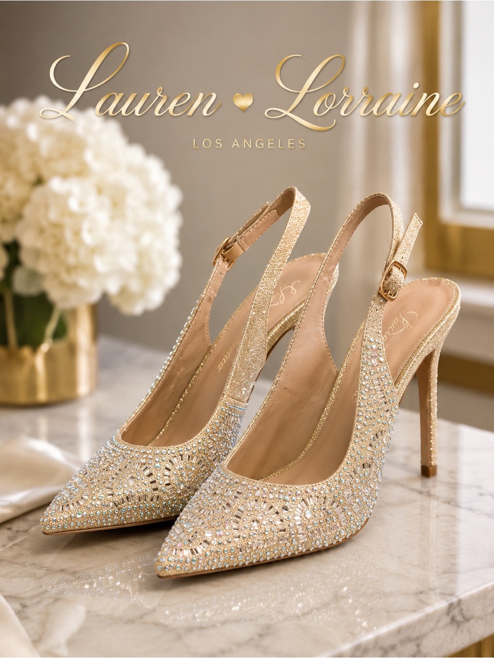 NWOT Lauren Lorraine Rachel Gold Crystal Slingback Heels Size 10 Wedding